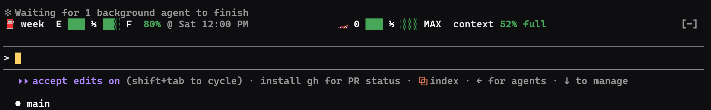 A Claude Code terminal with two mods running above the prompt: Gas Gauge showing the week's plan 80% full until Saturday noon, and Speedometer showing the context window 52% full.